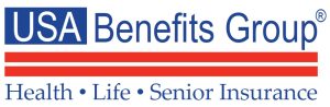 Logo of USA Benefits Group, emphasizing services related to health, life, and senior insurance with distinct red and blue colors.