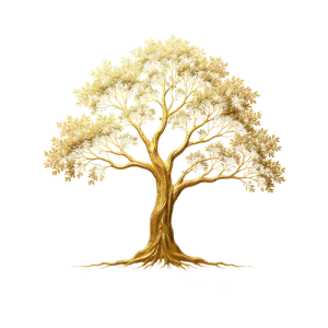 An intricately designed gold tree with prominent branches and roots, symbolizing strength and prosperity.