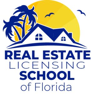 Logo of a real estate school in Florida featuring a house, palm trees, and a sunrise backdrop.